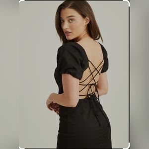 Puff Sleeve Black Mini Dress w/ Scrappy Adjustable Back, size Large